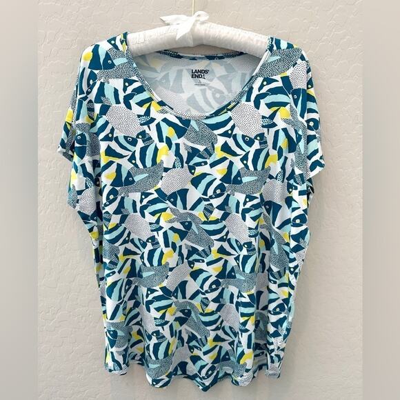 LAND'S END | Plus Size Novelty Fish Print Classic Short Sleeve Tee | 14/16 - Picture 1 of 7